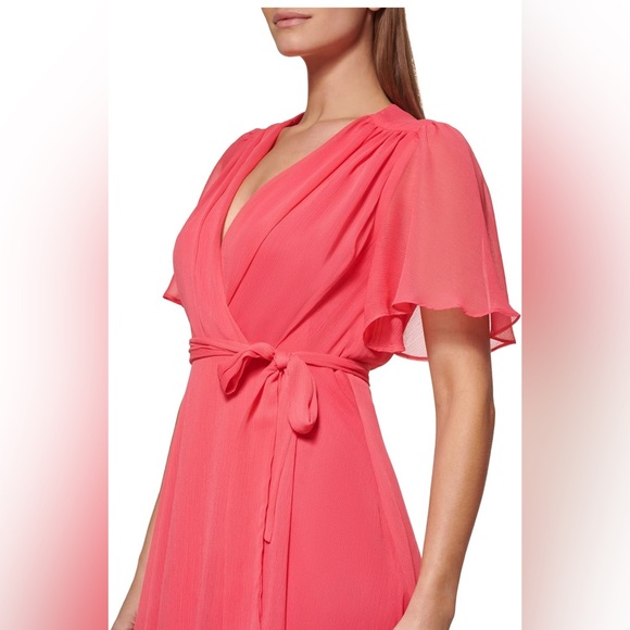 Dkny Pink Midi Dress with Flutter Sleeves and Pleated Wrap - Picture 3 of 3
